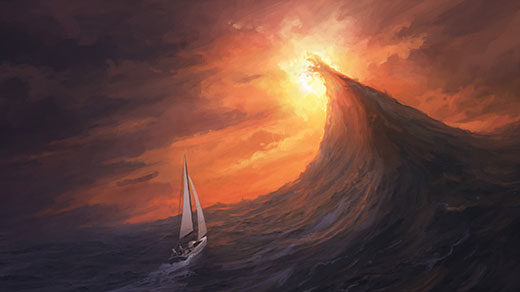A rogue wave and a sailboat.