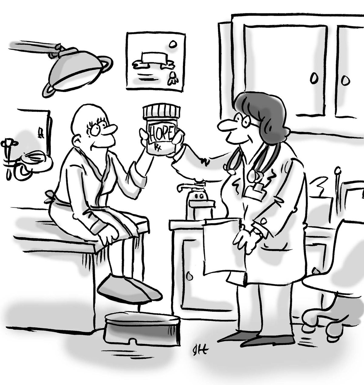 Comic of a doctor passing a patient a bottle of pills labeled "Hope".
