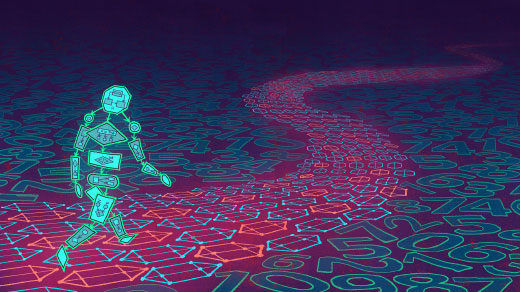A blue person made of code walks down a pink road patterned with hexagons