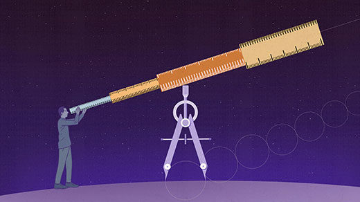 Illustration: man using rulers stacked on a compass as a telescope