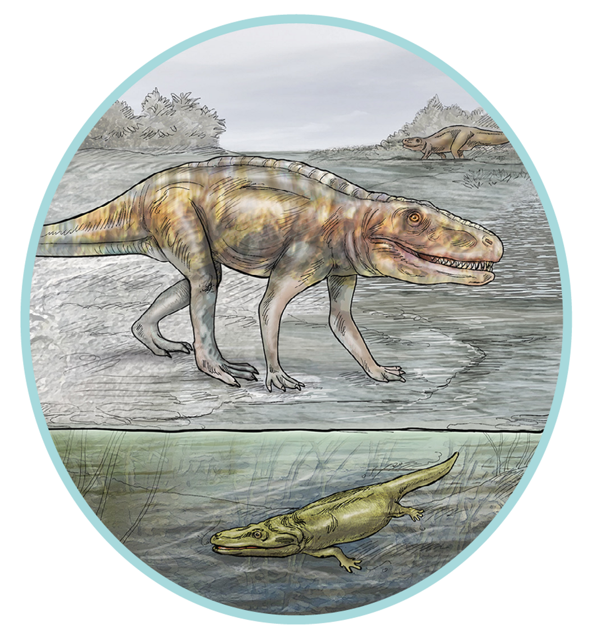 Illustration of extinct creatures from the Triassic-Jurassic period