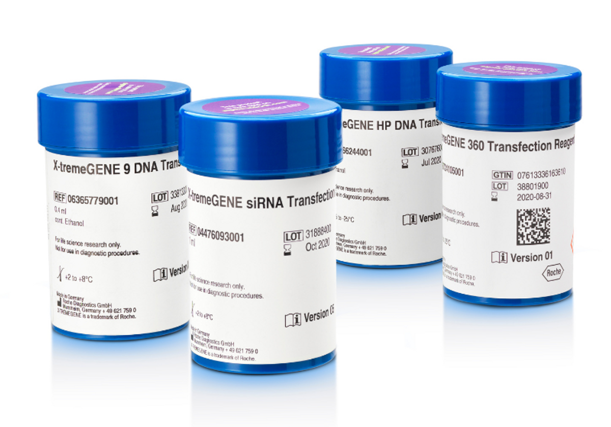 Four blue containers of X-tremeGENE™ transfection reagents from Roche®.