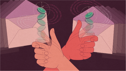 Illustration of thumbs flipping coins.